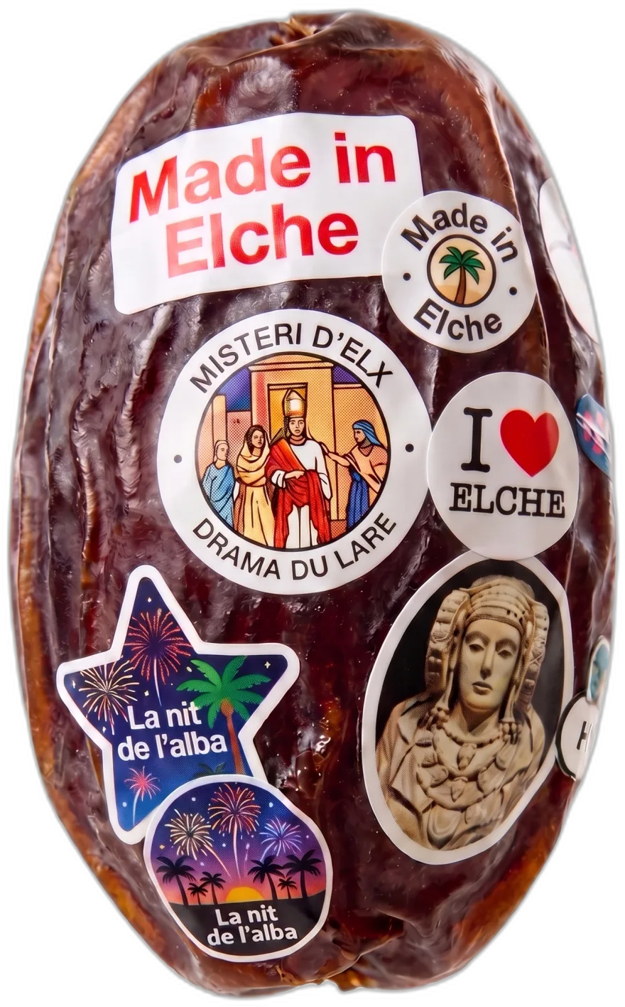 Dátil de Elche cubierto de pegatinas